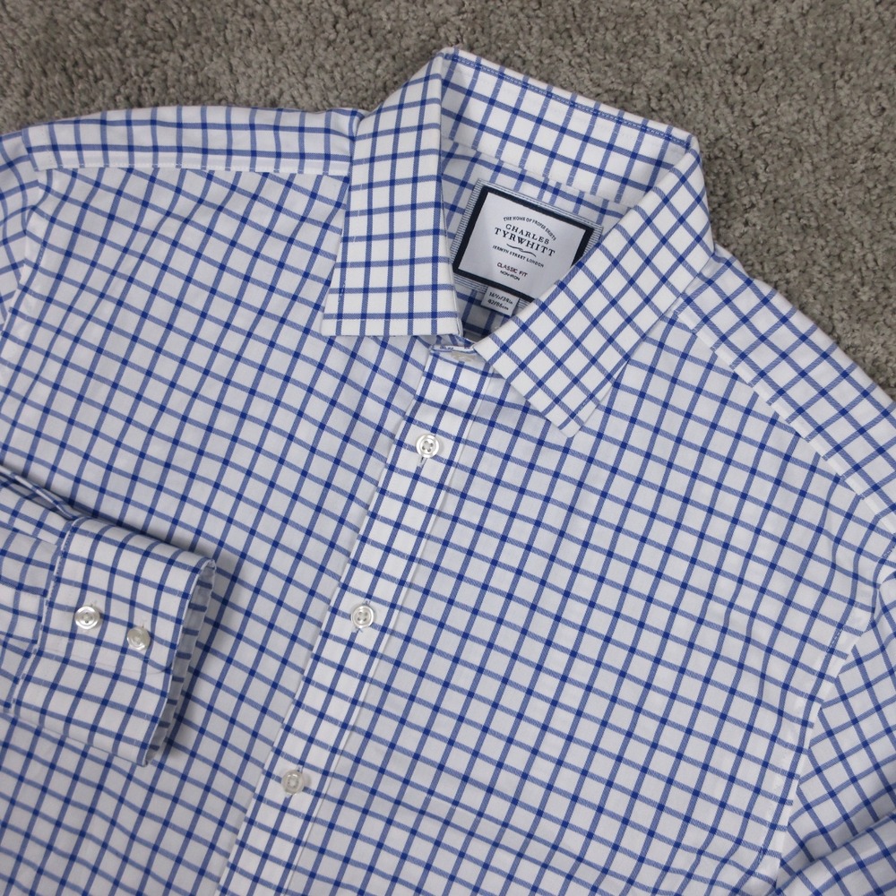 Charles Tyrwhitt Shirt‎ Mens L 16.5 34 White Blue Check Classic Dress Button Up